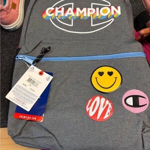 Champion Grey Backpack with Rainbow Logo and Patch Accents